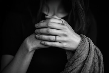 close-up of intertwined hands with a ring, wrapped in a textured cloth, conveying calmness and introspection in monochrome