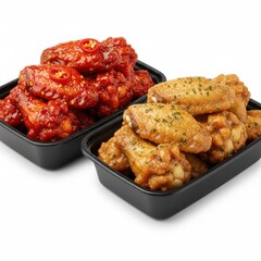 Delicious spicy red and savory seasoned chicken wings in black containers appetizing food photography isolated on white background