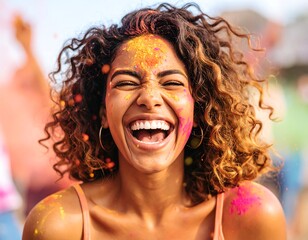 Joyful woman laughing at a festival
