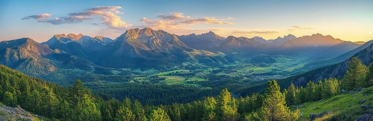 Expansive mountain range bathed in warm evening light with lush green valley and dense forest foreground under partly cloudy sky evoking tranquility and grandeur