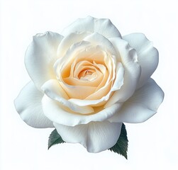 Close-up of a delicate white rose with soft cream undertones and green leaves isolated on a white background, evoking purity and elegance