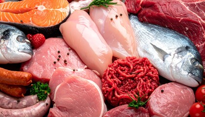 Assorted raw meats and fish