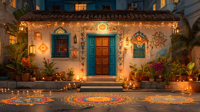 Digital Art of Diwali: a traditional Indian home decorated for Diwali, bright lights outlining the structure, colorful rangolis at the entrance, warm golden light from diyas, welcoming and festive