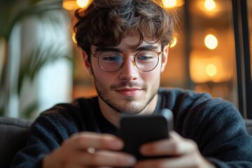 young man wearing glasses scrolling on smartphone with soft warm lights in background creating cozy atmosphere