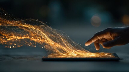A hand interacts with a tablet, releasing swirling streams of glowing golden light particles in a dark environment.
