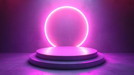 Minimalistic empty circular stage illuminated by glowing neon pink ring against textured wall creating futuristic ambiance