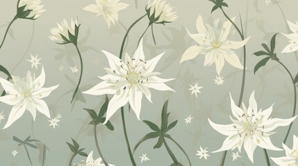 Fototapeta premium Delicate Watercolor Floral Pattern - White Star-Shaped Flowers on Soft Green Backdrop.