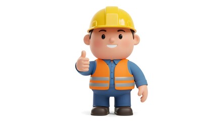 3D Cartoon Builder Giving Thumbs Up Isolated on White Background