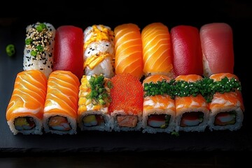 assorted fresh sushi selection with salmon, tuna, fish roe, and garnishes arranged neatly on a black surface conveying elegance and appetite appeal