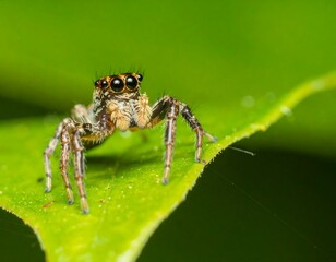 Jumping spider on a vibrant green leaf