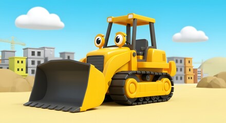 Fototapeta premium Cute cartoon yellow bulldozer character on a construction site, 3D render of heavy machinery for kids' projects and animation