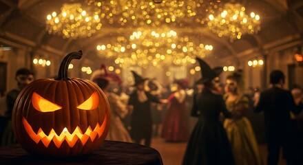 Halloween night A carved pumpkin watches a costume ball