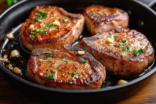 Four juicy pork chops seared to golden brown in a black skillet with garlic cloves and fresh green parsley on top