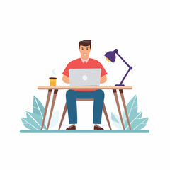 Happy young man working comfortably from his home office, focusing on his laptop with a coffee and lamp, embodying modern remote work and digital lifestyle productivity