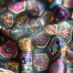 Hexagonal textile pattern with floral and decorative motifs