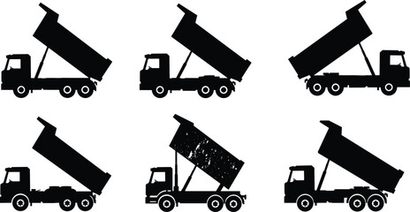 Dump truck silhouette, heavy construction vehicle, industrial loader, mining transport, cargo hauler, tipping truck, earthmover, building equipment, commercial vehicle, material transport © Sakib World