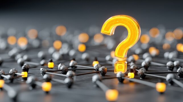 A glowing yellow question mark stands out amid a network of connected black and yellow nodes, symbolizing inquiry, uncertainty, and interconnected information.