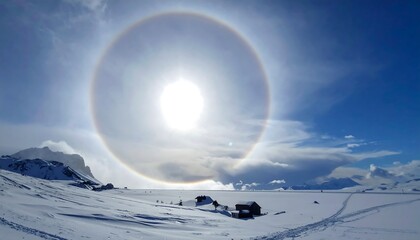 A bright sun, encircled by a vibrant halo, shines brightly above a snow-covered, icy landscape. Some mountains and structures are visible