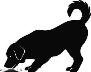 Black silhouette of a happy dog with its head down drinking water from a bowl on a white background
