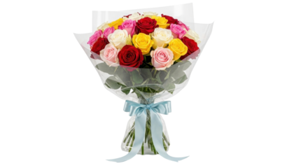 Bouquet of colorful roses wrapped in cellophane with blue ribbon on white background