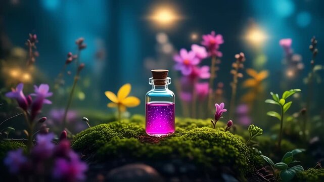 Magical potion bottle nestled among vibrant wildflowers in a mystical forest setting