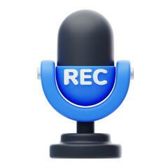 Black and Blue Microphone Icon with REC on Transparent Background 3D Render Audio Recording Concept Digital Sound Studio Podcast Equipment Voice Over