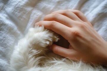 Close-up of a human hand gently holding a fluffy white animal paw on a soft white fabric surface conveying warmth and affection