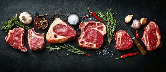 Raw variety of fresh beef steaks arranged on black surface with rosemary, chili peppers, garlic cloves, bowls of salt and peppercorns, and a knife suggesting preparation for cooking