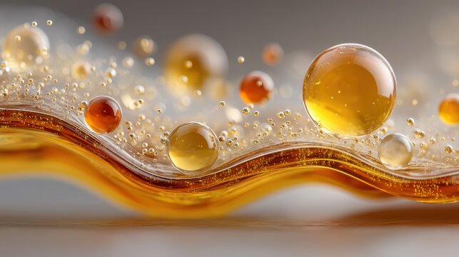 Transparent amber and gold liquid spheres float and reflect light on a wavy surface, creating a vibrant and abstract visual effect. - Powered by Adobe
