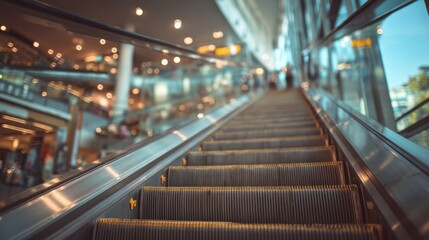 Fototapeta premium An escalator in a modern shopping mall with glass walls and blurred lights creating a busy, vibrant atmosphere.