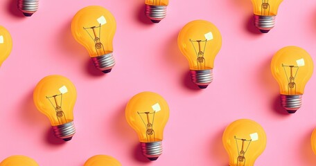 Multiple yellow incandescent light bulbs arranged on a pink background symbolizing creativity and ideas