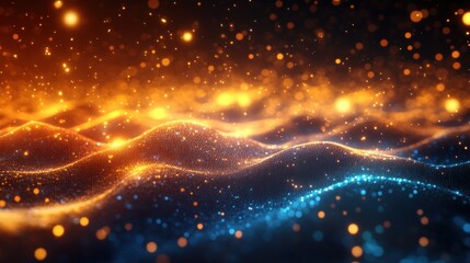 Glowing golden and blue particles illuminating flowing wave-like mesh structure creating a dynamic and futuristic atmosphere