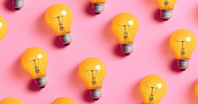 Multiple yellow incandescent light bulbs arranged on a pink background symbolizing creativity and ideas