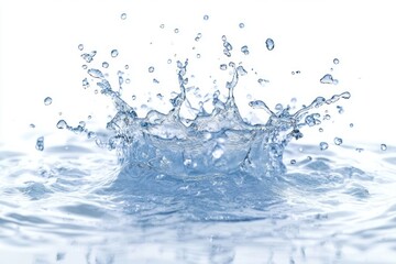 Close-up view of a water splash forming droplets and ripples on a calm water surface, capturing motion and fluidity with a clean white background