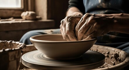 Close-up of hands crafting a pottery bowl on a spinning wheel in an artisan workshop