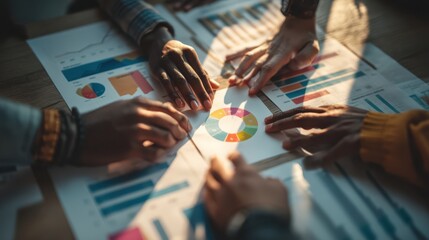 A group of people collaborates over printed charts and graphs, analyzing colorful data and discussing business insights in a well-lit workspace.