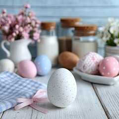 Speckled Easter Egg with Pink Ribbon on White Wooden Surface with Pastel Colors and Blurry Background