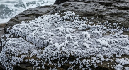 Obraz premium Closeup of frostcovered rock, showcasing intricate ice crystals and textures, capturing the beauty of winters touch on natural surfaces with a cold, crisp atmosphere
