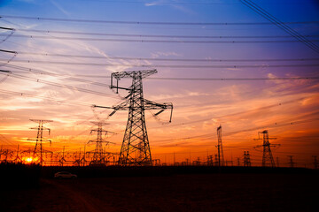 Pylon, high-voltage tower sky background.