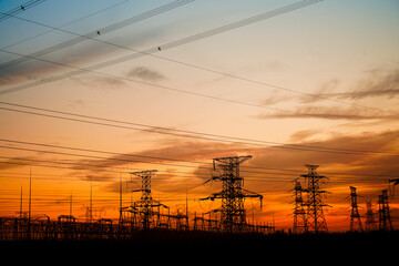 Pylon, high-voltage tower sky background.