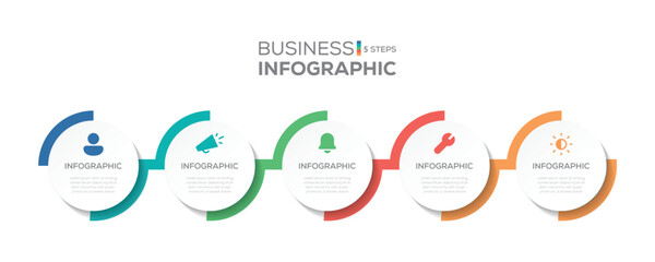 Business Infographic template with circle and marketing icon. 5 Step timeline journey. Process diagram, Infographic elements vector illustration.