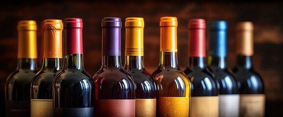 Line of ten assorted wine bottles with colorful foil caps and blank labels against dark wooden background