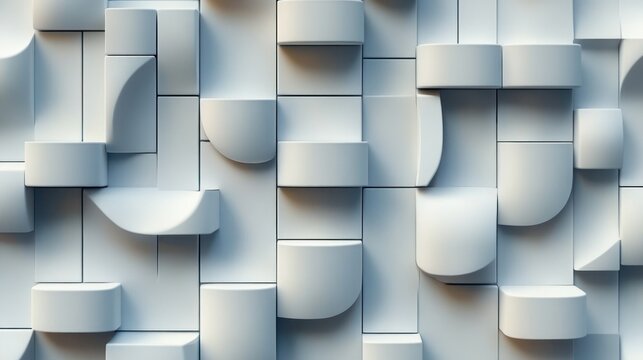 Abstract three-dimensional geometric wall with varying rectangular and curved shapes creating a pattern of light and shadow in soft white and gray tones - Powered by Adobe