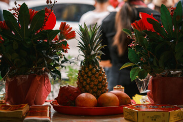 Traditional temple flag held in Taiwanese festival Tamsui