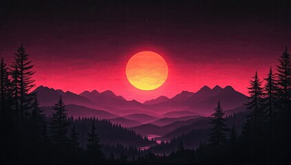 Vivid sunset over a mountain range with dark silhouettes of pine trees
