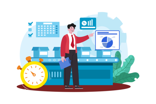 Man Presenting Production Process with Conveyor Belt and Charts Illustration Flat Vector Transparent Background