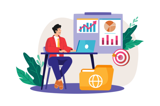 Man in Red Blazer Analyzing Graph Data with Laptop and Target on Transparent Background