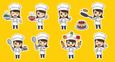 Adobe illustrator artwork vector illustration set of eight cute female chef characters.