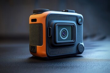 Compact action camera with textured black and orange casing placed on dark surface in soft lighting