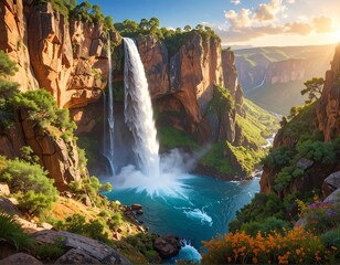 Majestic Waterfall Cascading Down Rocky Gorge